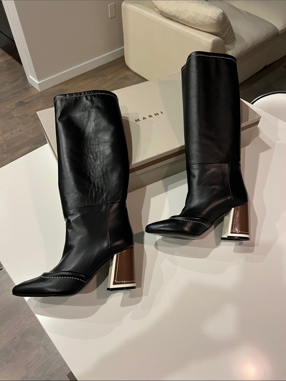MARNI black leather contract stitching brown and cream block heeled long boots